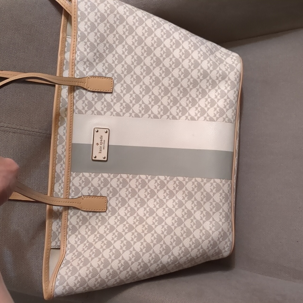 Kate Spade Margarita Tote white grey with tan strap. Good used condition